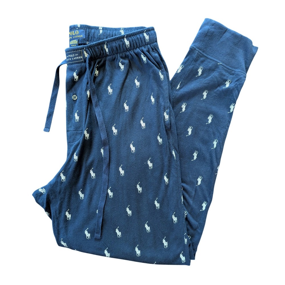 Polo Ralph Lauren Mens Pajama Pants Size M Navy Blue Pony Logo Jogger Preppy